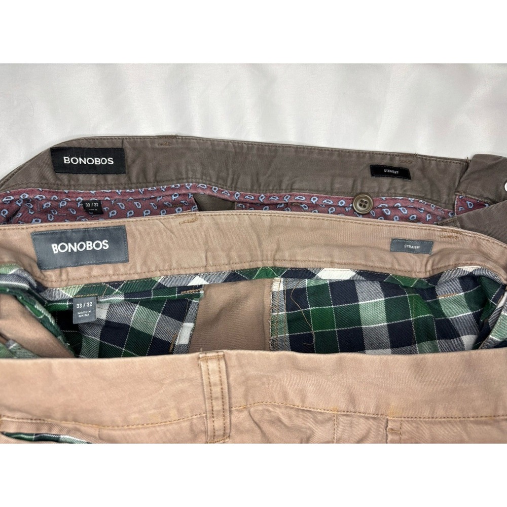 Bonobos Men's Straight Fit Chino Pants Khaki & Brown Size 33x32 LOT Of 2 Pair